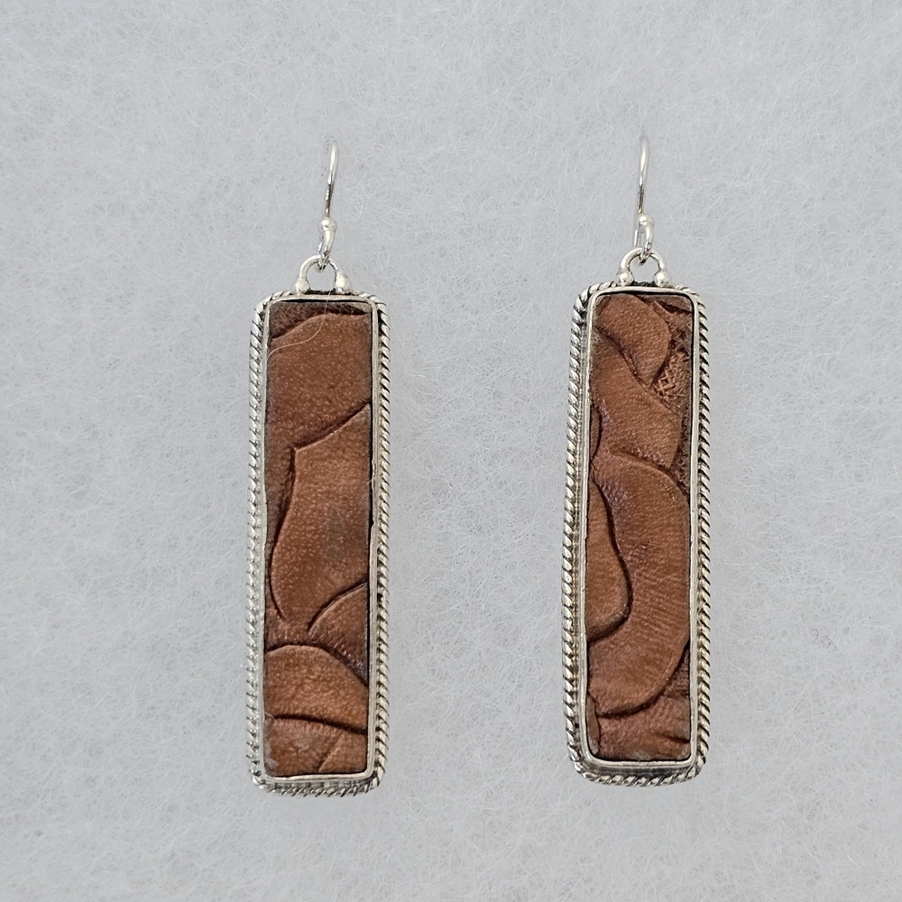 Silpada Rare PB Sterling Silver Brown Tooled Leather Rectangle Earrings W1013